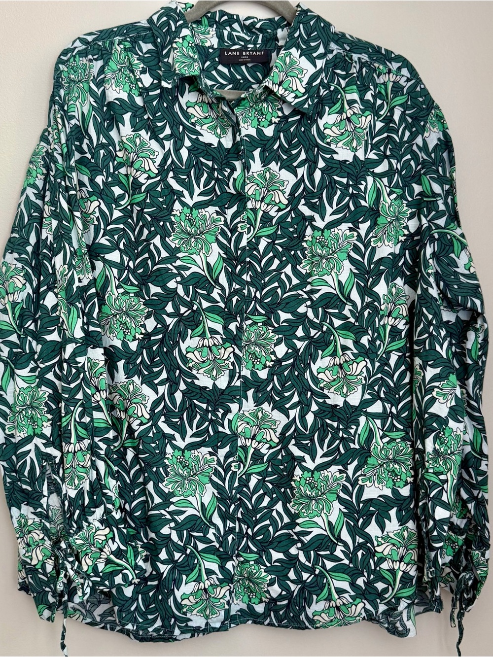 Lane Bryant Dark Green and White Floral Button-Down Shirt